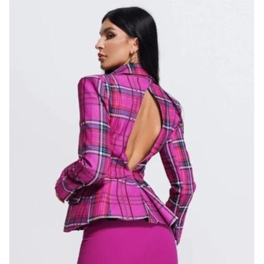 Luxedress Opal Blazer Pink Plaid Lined Rhinestones Pockets Retail $167 Size M — image 2 of 8